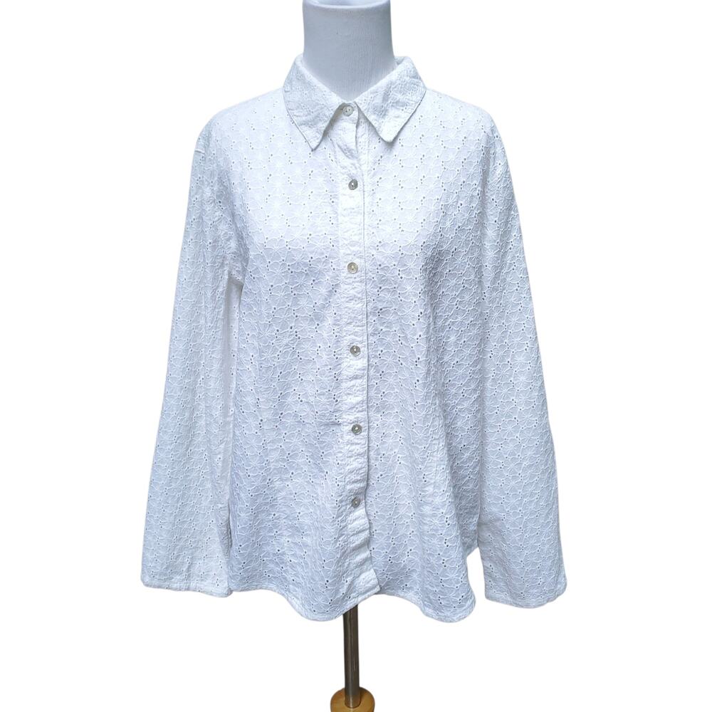 Chico's Sz 3 White Button Up Top Eyelet Lace Floral Collared Chicos XL 16